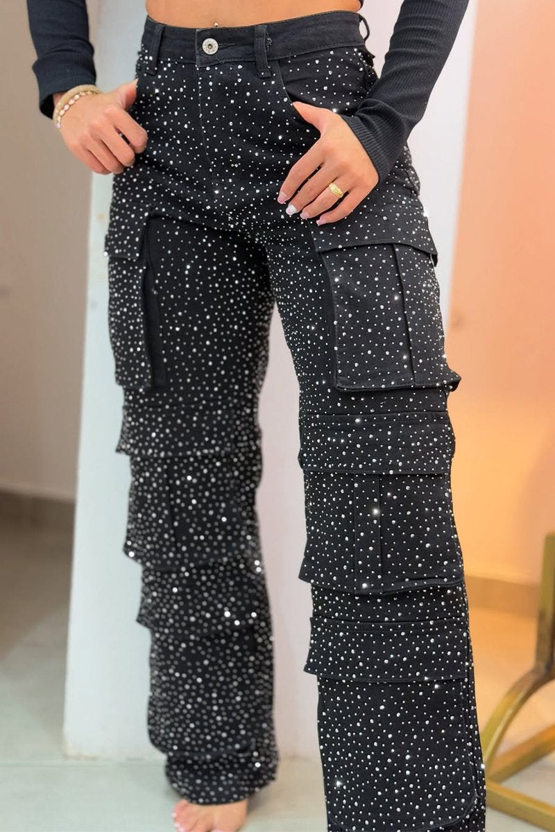 Pantalon pour Femmes avec Strass Brillants et Design Multi-Poches