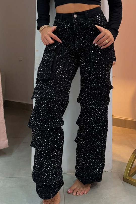 Pantalon pour Femmes avec Strass Brillants et Design Multi-Poches